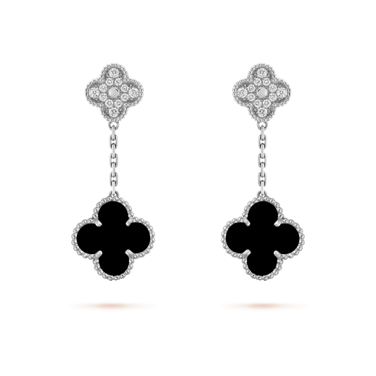 [RAFFINE]CLOVER 2 MOTIFS  DIAMOND ONYX EARRINGS SILVER