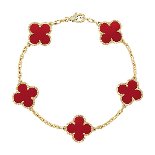 [RAFFINE] ARMBAND MIT 5 KLEEBLATT-MOTIVEN UND ROTEM KARNEOL KOLLEKTION