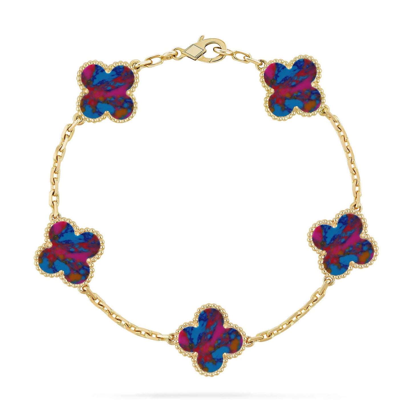 [RAFFINE]KLEEBKATTEN-ARMBAND MIT 5 MOTIVEN UND FARBIGEN EDELSTEINEN KOLLEKTION