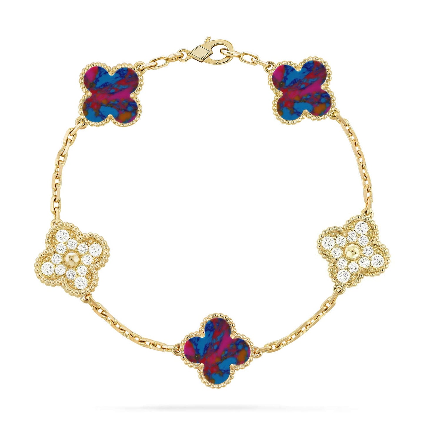 [RAFFINE]KLEEBKATTEN-ARMBAND MIT 5 MOTIVEN UND FARBIGEN EDELSTEINEN KOLLEKTION