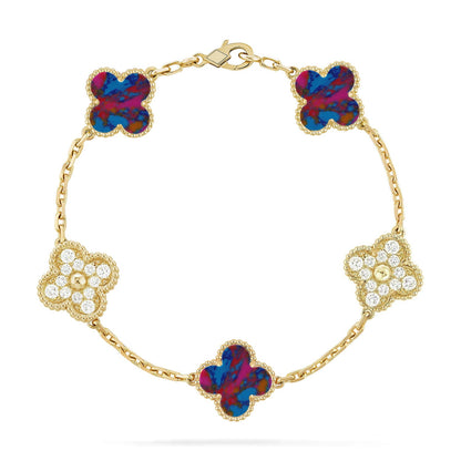 [RAFFINE]KLEEBKATTEN-ARMBAND MIT 5 MOTIVEN UND FARBIGEN EDELSTEINEN KOLLEKTION