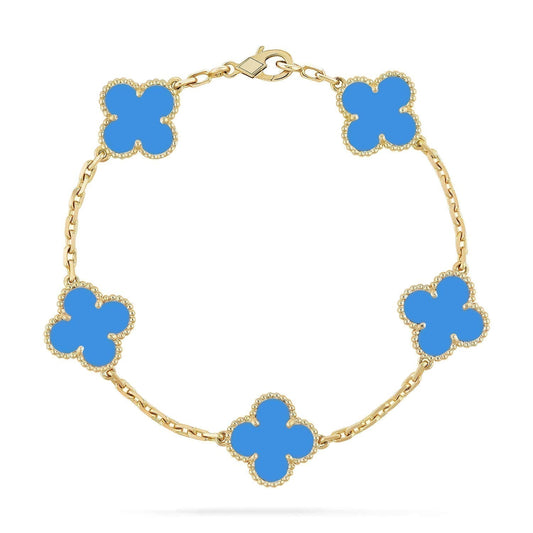 [RAFFINE] PULSERA DE ÁGATA AZUL CON 5 MOTIVOS DE TRÉBOL
