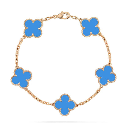 [RAFFINE] PULSERA DE ÁGATA AZUL CON 5 MOTIVOS DE TRÉBOL