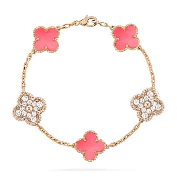 [RAFFINE]CLOVER 5 MOTIF DIAMOND PINK MOP PINK GOLD BRACELET