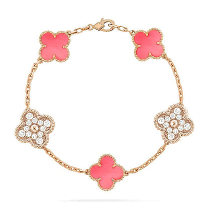 [RAFFINE]CLOVER 5 MOTIF DIAMOND PINK MOP PINK GOLD BRACELET