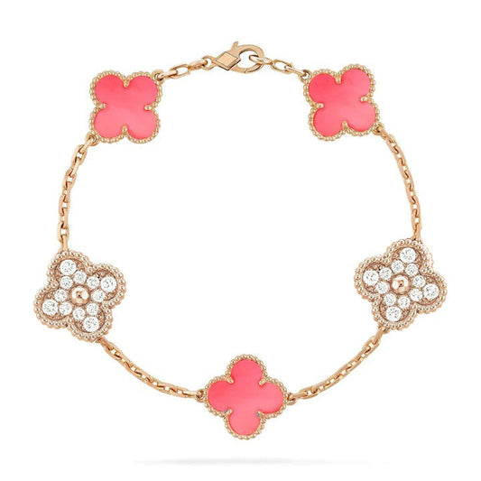 [RAFFINE]CLOVER 5 MOTIF DIAMOND PINK MOP PINK GOLD BRACELET