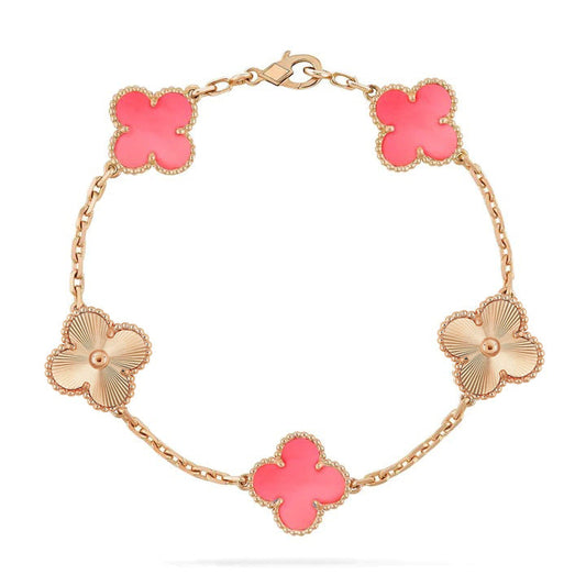 [RAFFINE]PULSERA DE TRÉBOL 5 MOTIVOS ROSA Y ORO ROSA