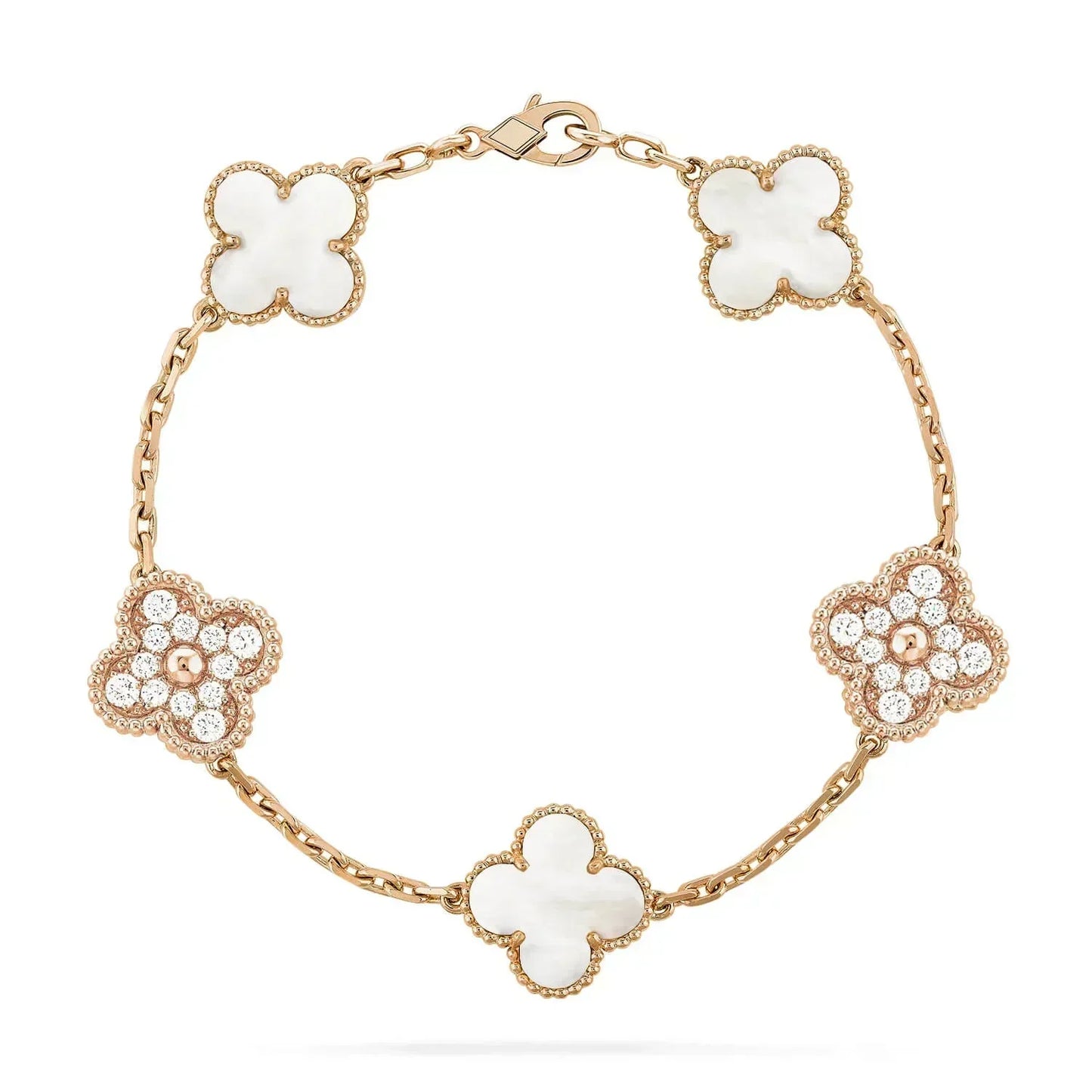 [RAFFINE] PULSERA DE TRÉBOL CON 5 MOTIVOS, DIAMANTE Y AZULEJO BLANCO