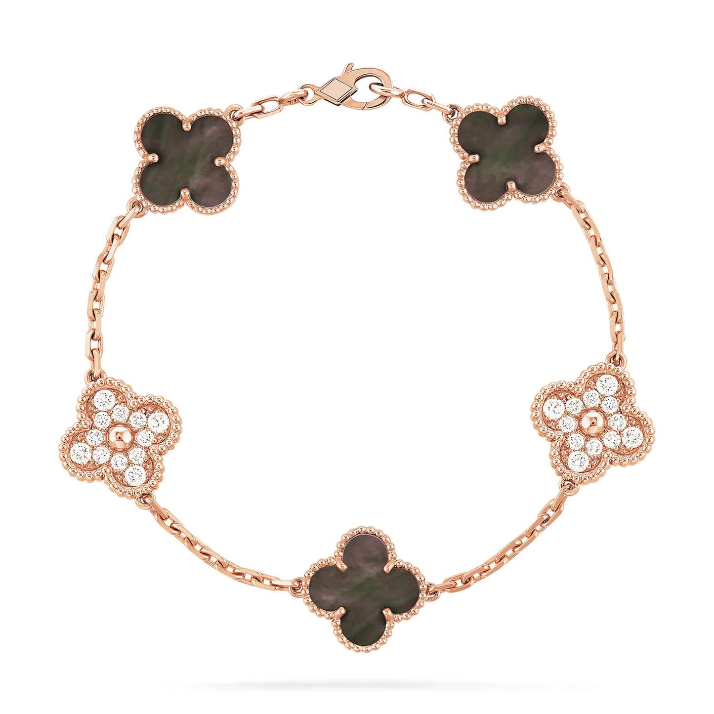 [RAFFINE]CLOVER 5 MOTIFS DARK MOP AND DIAMONDS PINK GOLD BRACELET