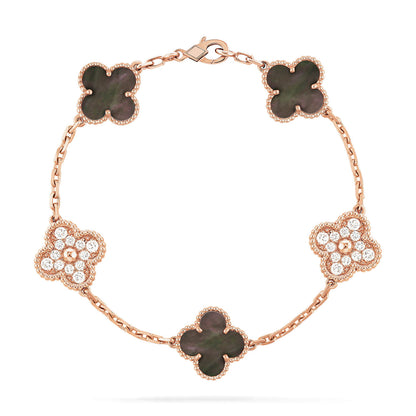 [RAFFINE]CLOVER 5 MOTIFS DARK MOP AND DIAMONDS PINK GOLD BRACELET
