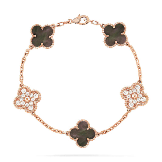 [RAFFINE]CLOVER 5 MOTIFS DARK MOP AND DIAMONDS PINK GOLD BRACELET
