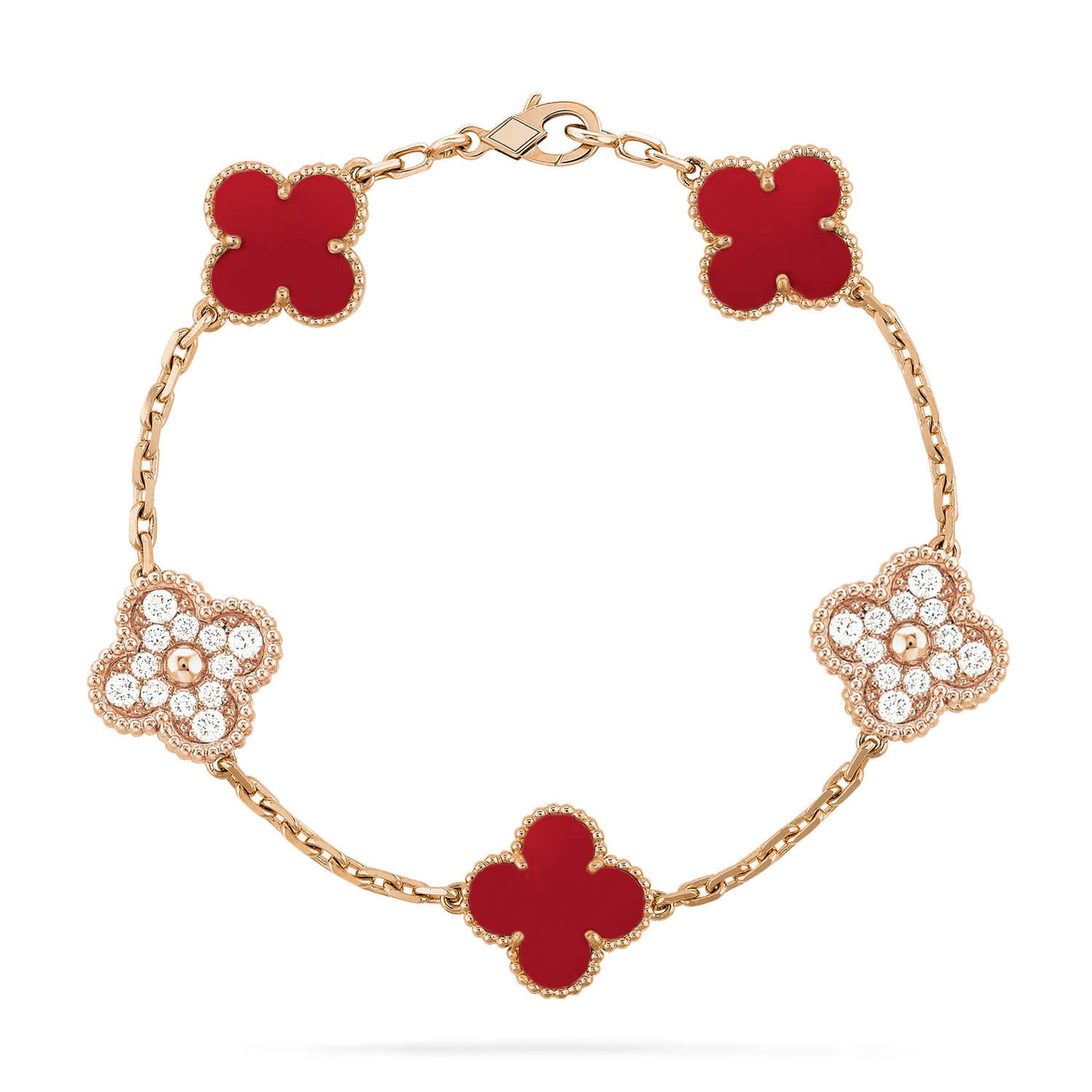 [RAFFINE] PULSERA DE DIAMANTES Y CORNALINA CON 5 MOTIVOS DE TRÉBOL