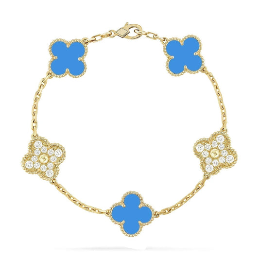 [RAFFINE]CLOVER 5 MOTIF BLUE CHALCEDONY DIAMOND GOLD BRACELET