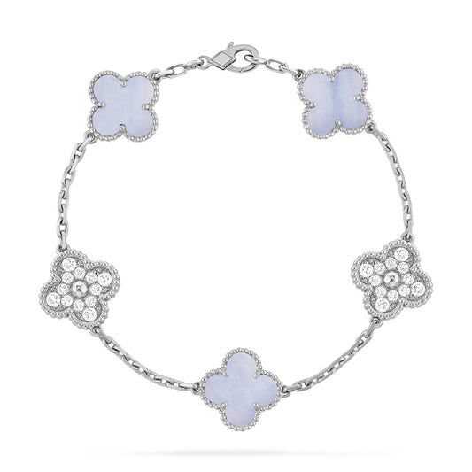 [RAFFINE]CLOVER  5 MOTIF DIAMOND PURPLE CHALCEDONY BRACELET SILVER