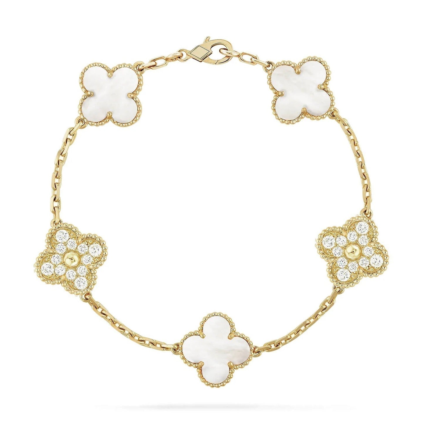 [RAFFINE] PULSERA DE TRÉBOL CON 5 MOTIVOS, DIAMANTE Y AZULEJO BLANCO
