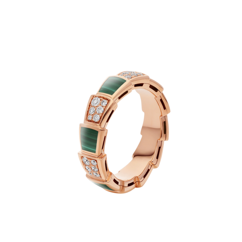 [RAFFINE]ANILLO SERPENTI ORO ROSA MALAQUITA PAVÉ DE DIAMANTES 4 MM
