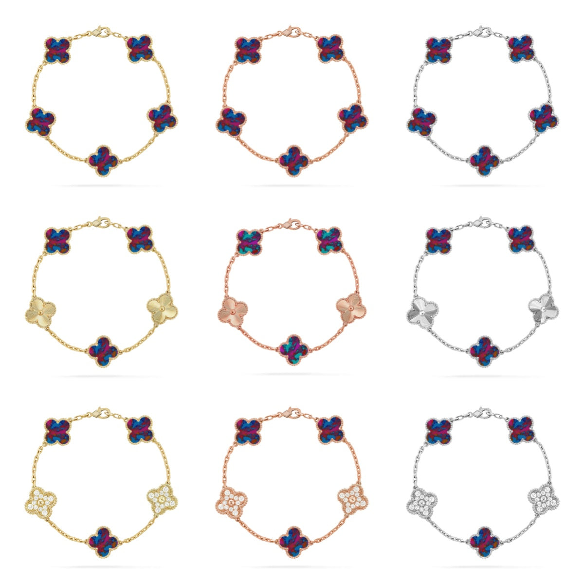 [RAFFINE]KLEEBKATTEN-ARMBAND MIT 5 MOTIVEN UND FARBIGEN EDELSTEINEN KOLLEKTION