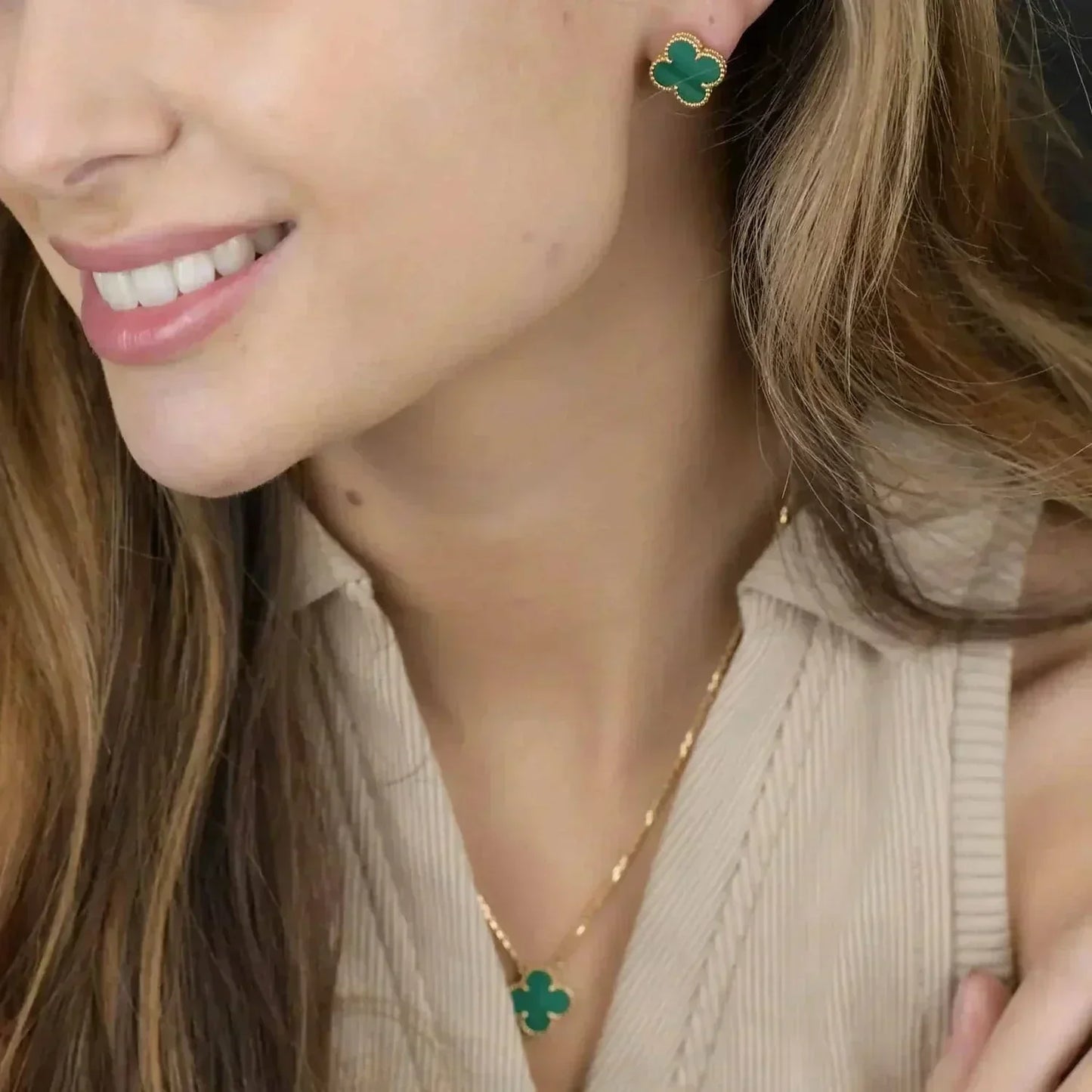 [RAFFINE]CLOVER MINI 9.5MM MALACHITE  EARRINGS