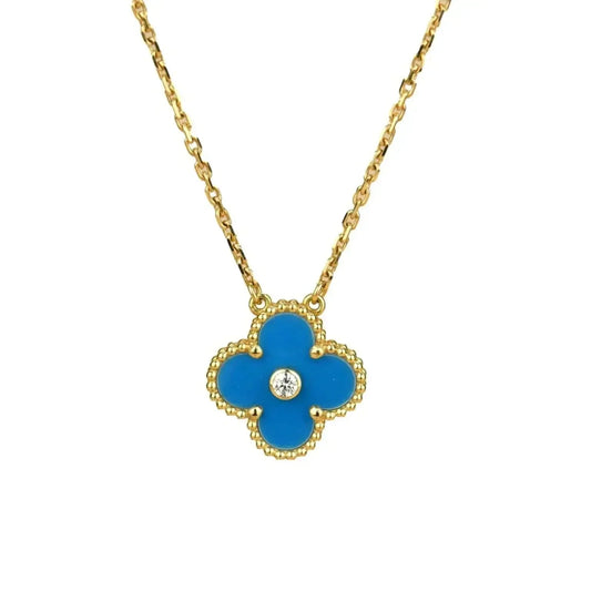 [RAFFINE]CLOVER 15MM DIAMOND AND BLUE AGATE NECKLACE