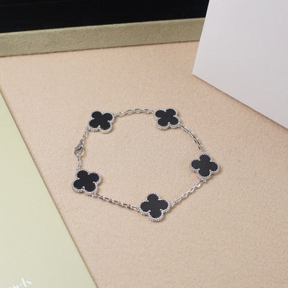 [RAFFINE]CLOVER 5 MOTIF ONYXS  BRACELET SILVER