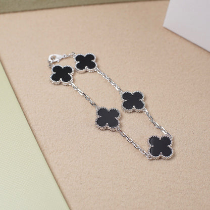 [RAFFINE]CLOVER 5 MOTIF ONYXS  BRACELET SILVER