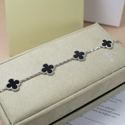 [RAFFINE]CLOVER 5 MOTIF ONYXS  BRACELET SILVER