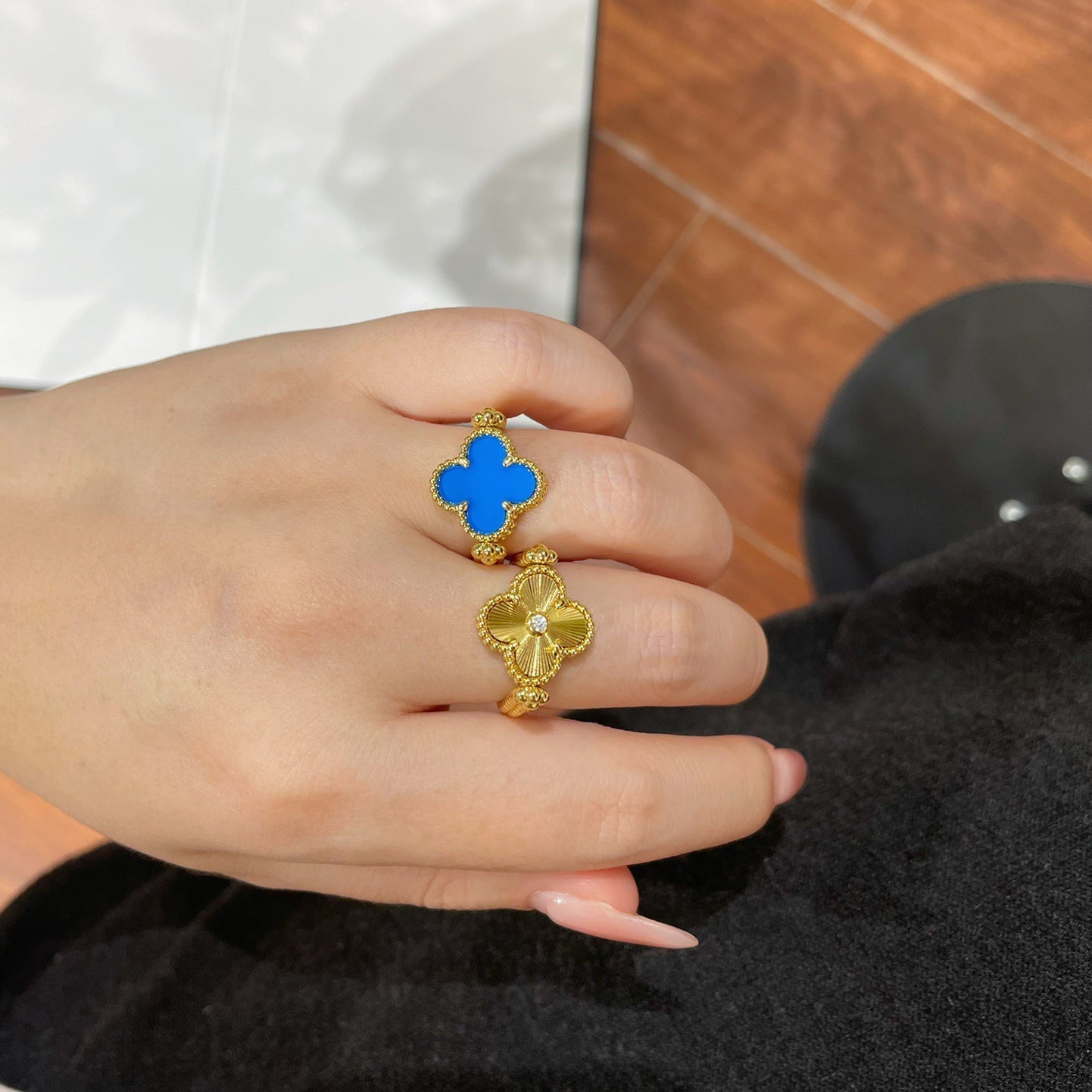 [RAFFINE]CLOVER RIVERSIBLE BLUE AGATE RING