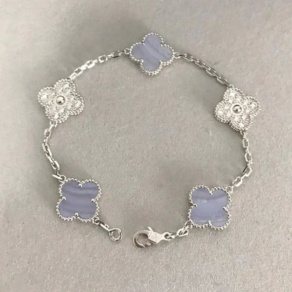 [Raffine]BRACELET ARGENT CALCÉDOINE VIOLET DIAMANT 5 MOTIFS TRÈFLE 