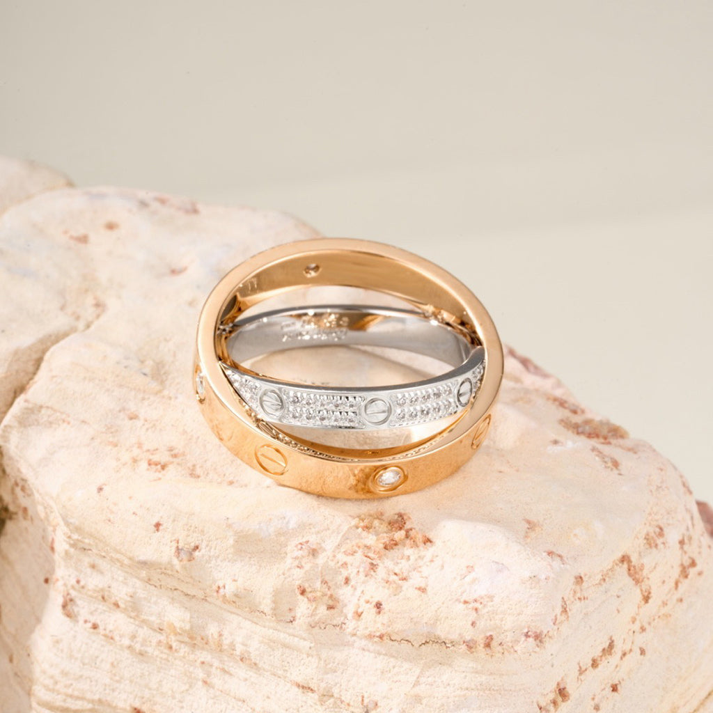 [Raffine]LOVE PINK GOLD SILVER DIAMOND DOUBLE RING