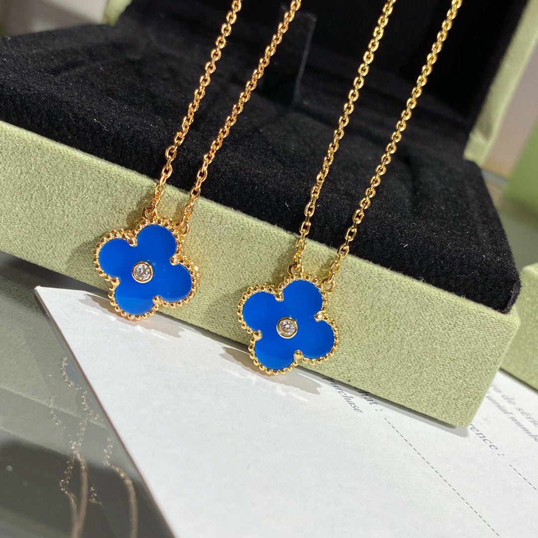 [Raffine]CLOVER 15MM DIAMOND AND BLUE AGATE NECKLACE