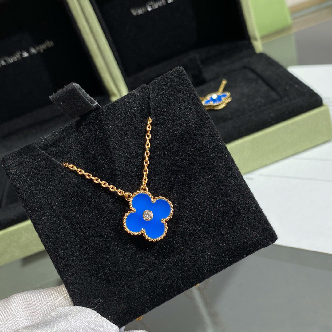 [Raffine]CLOVER 15MM DIAMOND AND BLUE AGATE NECKLACE