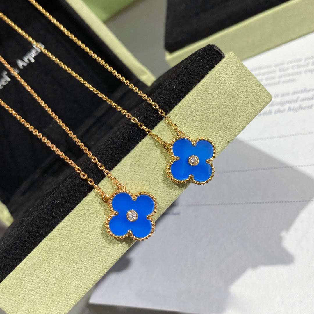 [Raffine]CLOVER 15MM DIAMOND AND BLUE AGATE NECKLACE