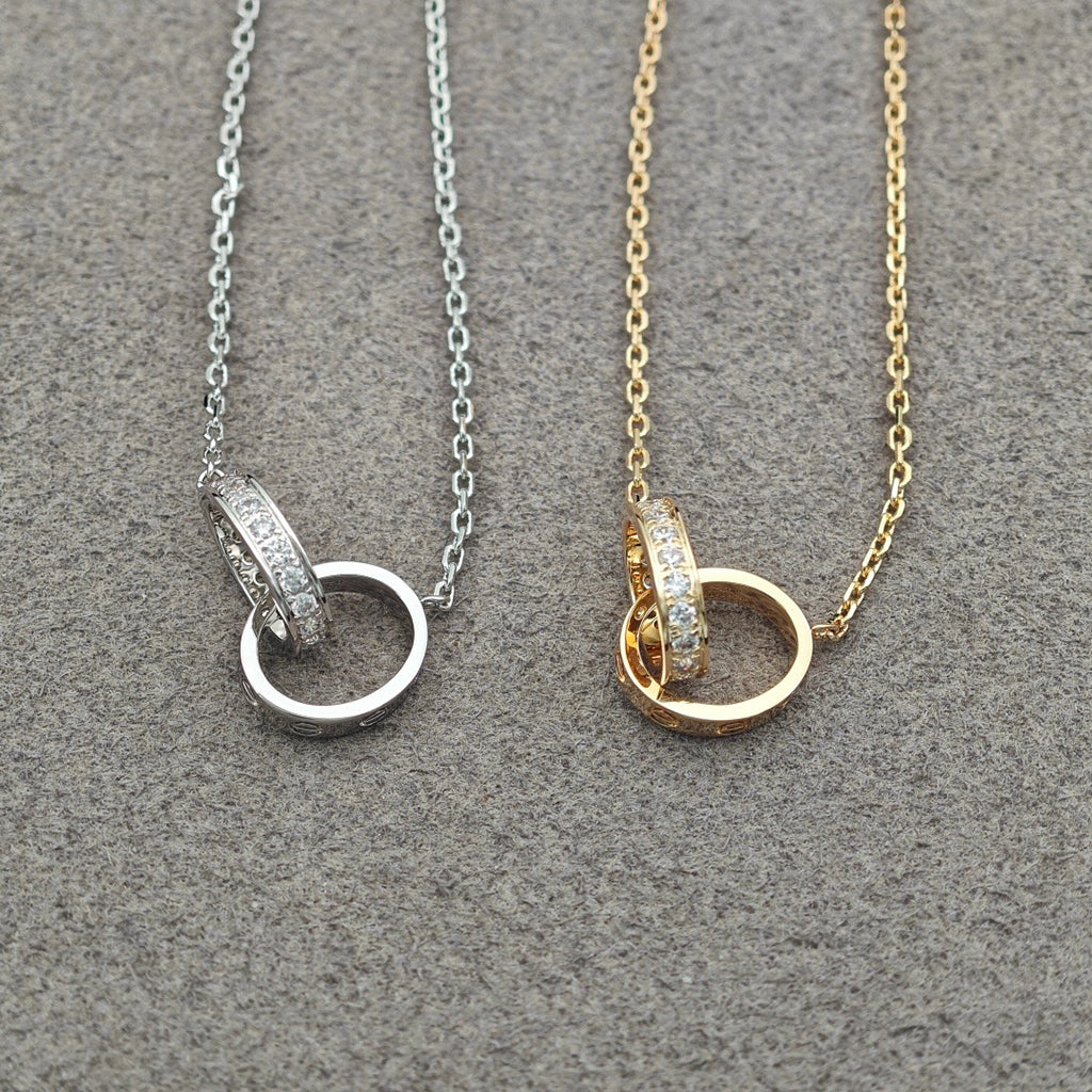 [Raffine]LOVE DOUBLE RING HALF DIAMOND NECKLACE