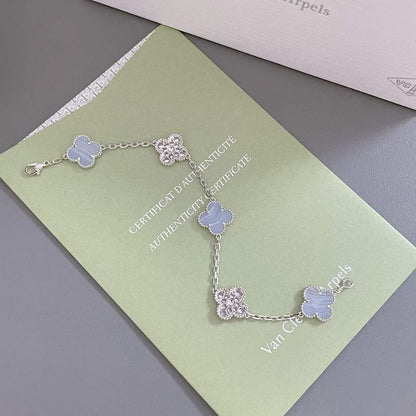[Raffine]BRACELET ARGENT CALCÉDOINE VIOLET DIAMANT 5 MOTIFS TRÈFLE 