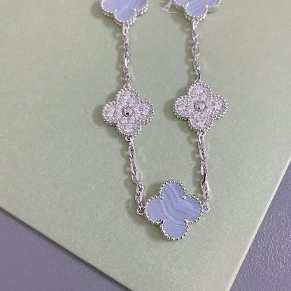 [Raffine]BRACELET ARGENT CALCÉDOINE VIOLET DIAMANT 5 MOTIFS TRÈFLE 