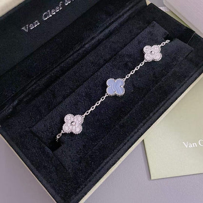[Raffine]BRACELET ARGENT CALCÉDOINE VIOLET DIAMANT 5 MOTIFS TRÈFLE 