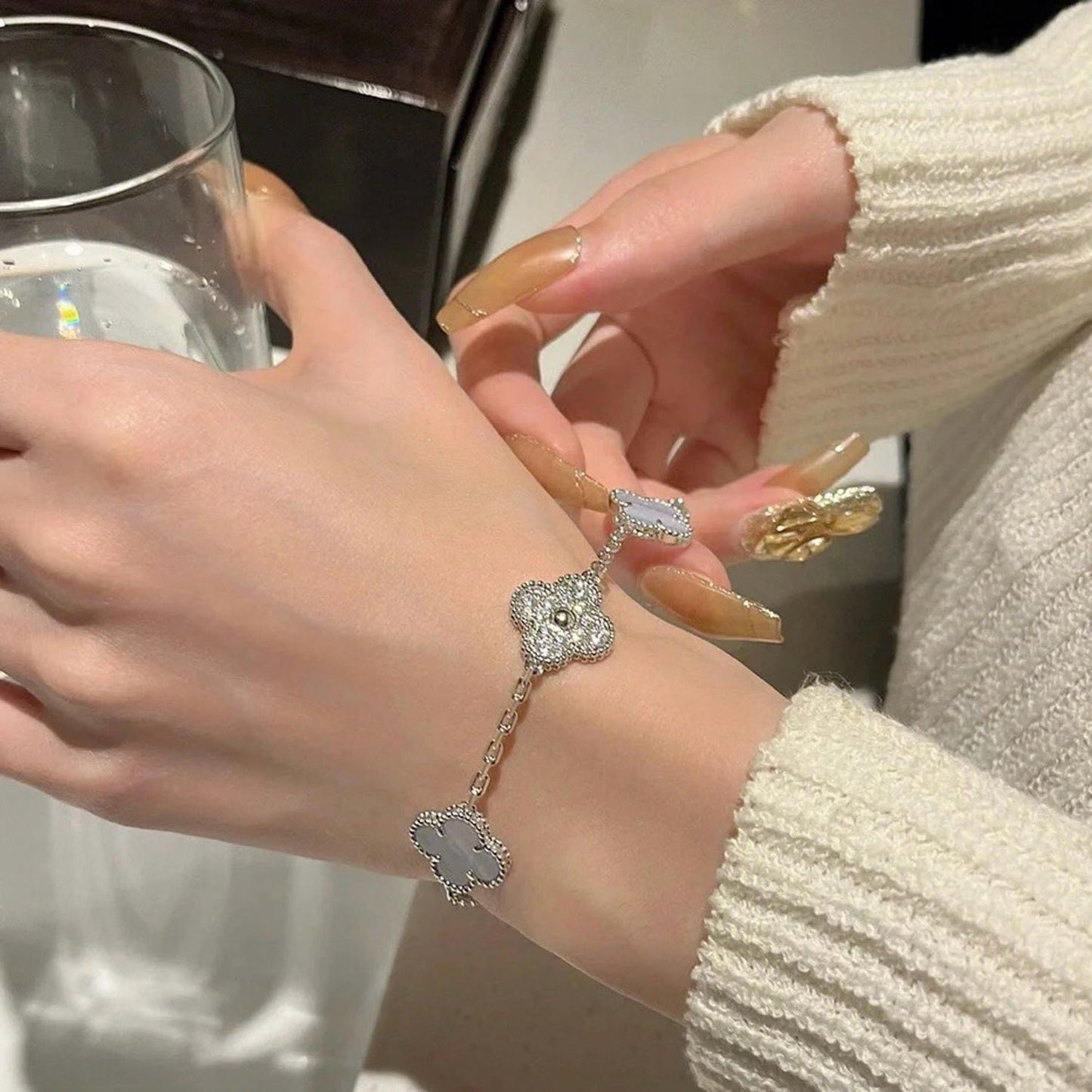 [Raffine]BRACELET ARGENT CALCÉDOINE VIOLET DIAMANT 5 MOTIFS TRÈFLE 