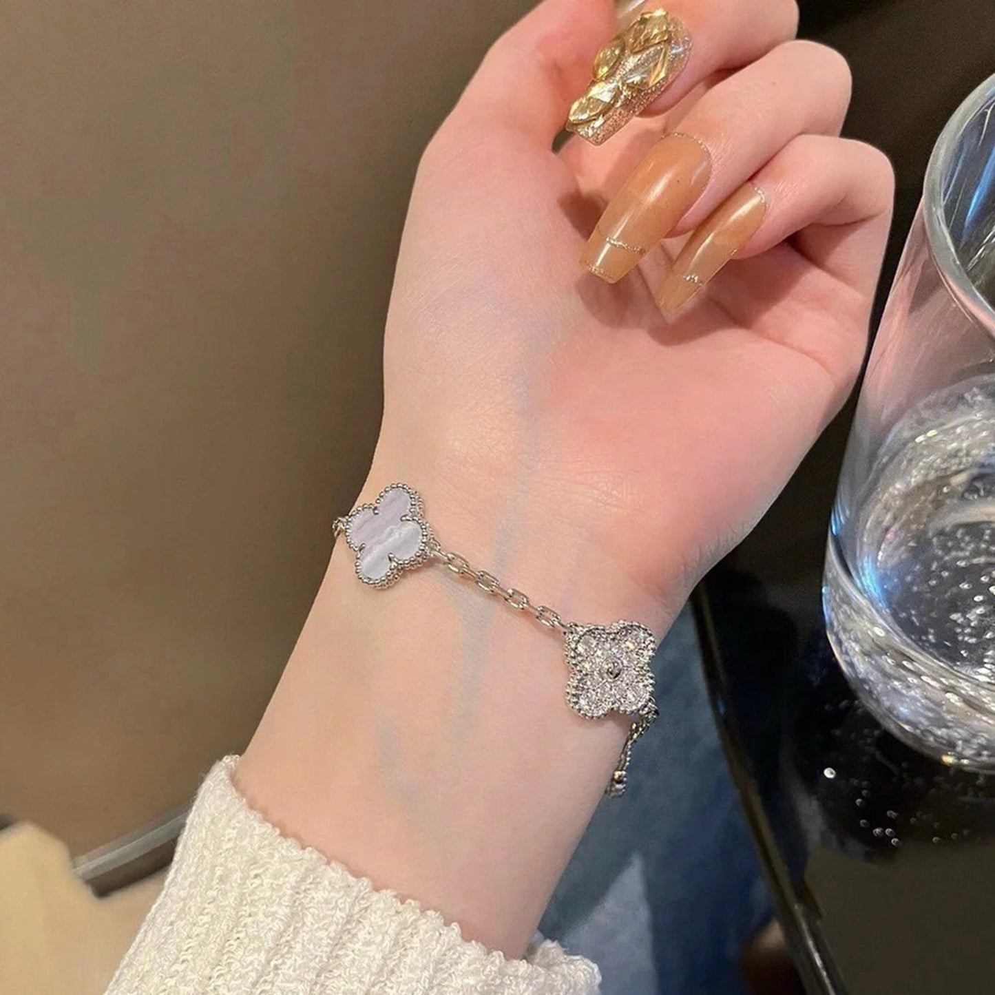 [Raffine]BRACELET ARGENT CALCÉDOINE VIOLET DIAMANT 5 MOTIFS TRÈFLE 