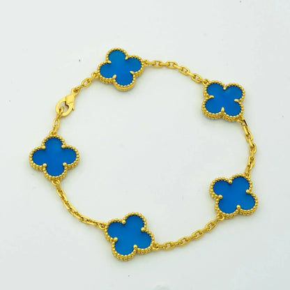 [RAFFINE] PULSERA DE ÁGATA AZUL CON 5 MOTIVOS DE TRÉBOL
