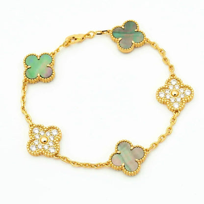 [Raffine]BRACELET TRÈFLE 5 MOTIF NACRE GRIS DIAMANT