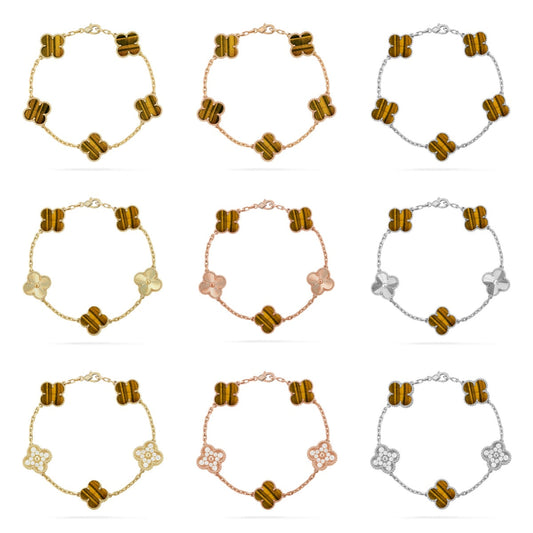 [LUXE] CLOVER 5 MOTIFS TIGER EYE BRACELET COLLECTION