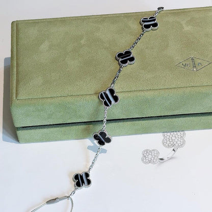 [RAFFINE]CLOVER 5 MOTIF VEINED ONYX BRACELET SILVER