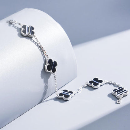 [RAFFINE]CLOVER 5 MOTIF VEINED ONYX BRACELET SILVER