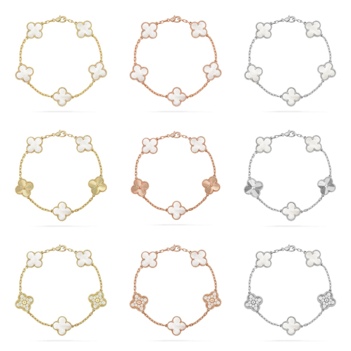 [LUXE]CLOVER WHITE PEARL MOP 5 MOTIF BRACELET COLLECTION