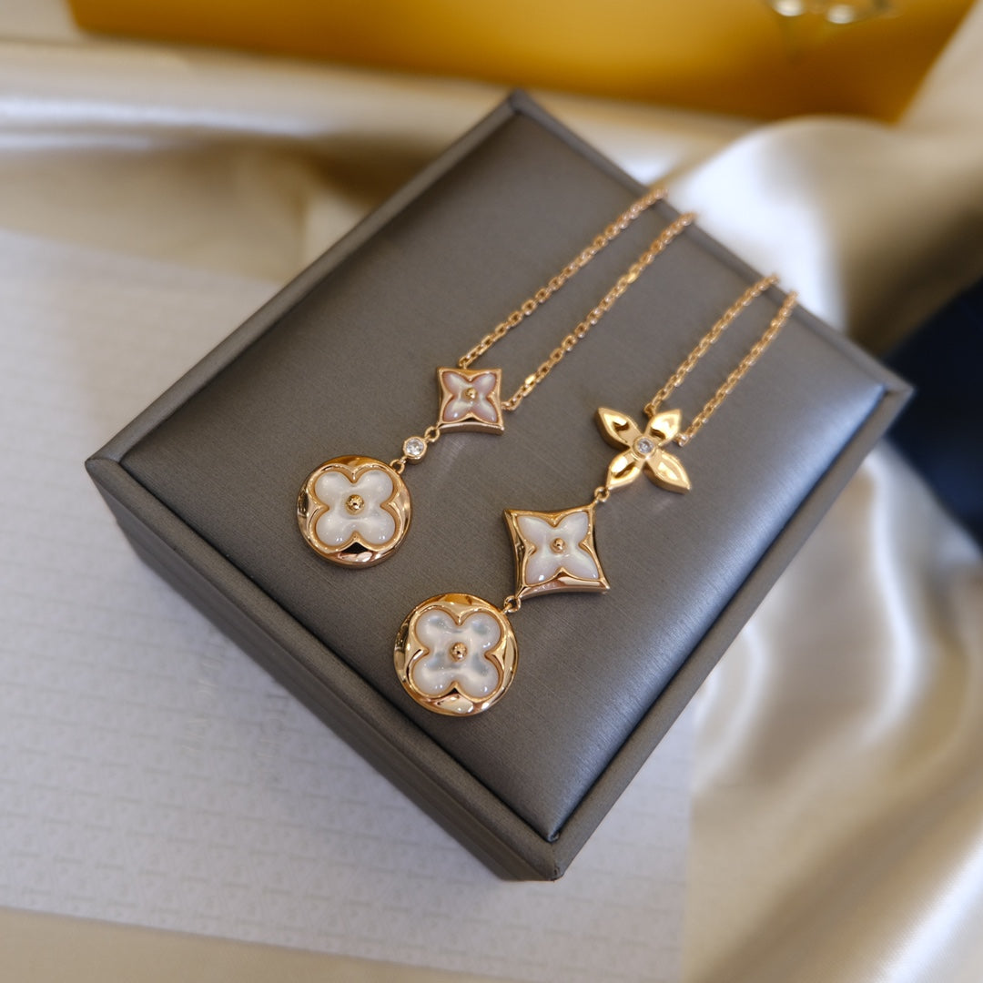 [RAFFINE]COLOR BLOSSOM LARIAT NECKLACE PINK GOLD WHITE MOTHER PEARL AND DIAMOND