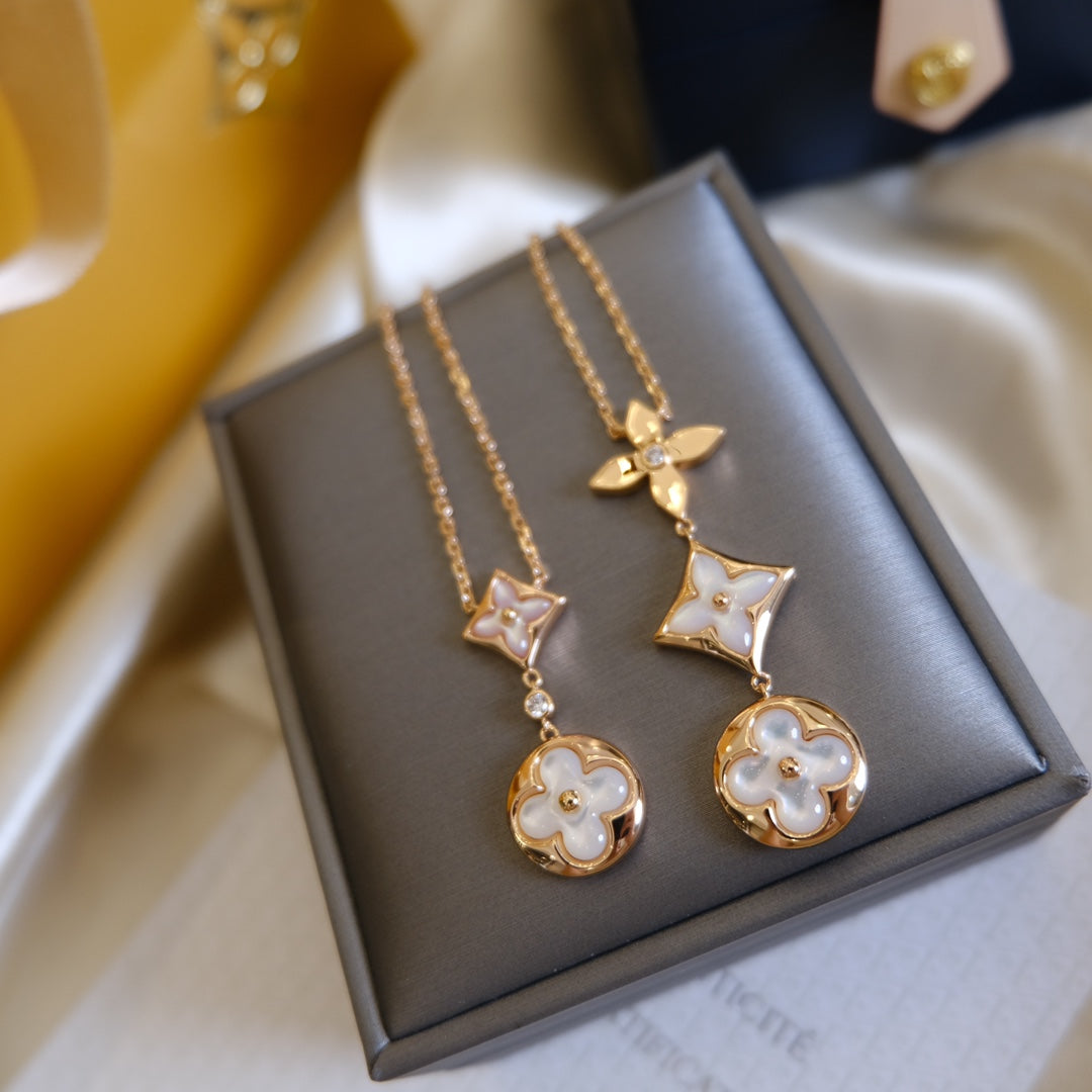 [RAFFINE]COLOR BLOSSOM LARIAT NECKLACE PINK GOLD WHITE MOTHER PEARL AND DIAMOND
