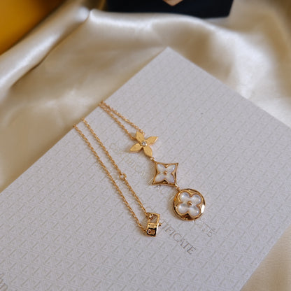 [RAFFINE]COLOR BLOSSOM LARIAT NECKLACE PINK GOLD WHITE MOTHER PEARL AND DIAMOND