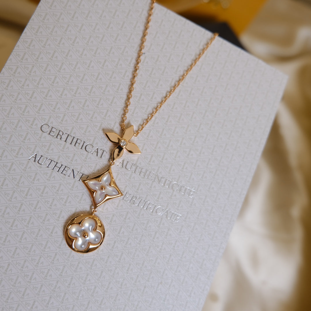 [RAFFINE]COLOR BLOSSOM LARIAT NECKLACE PINK GOLD WHITE MOTHER PEARL AND DIAMOND