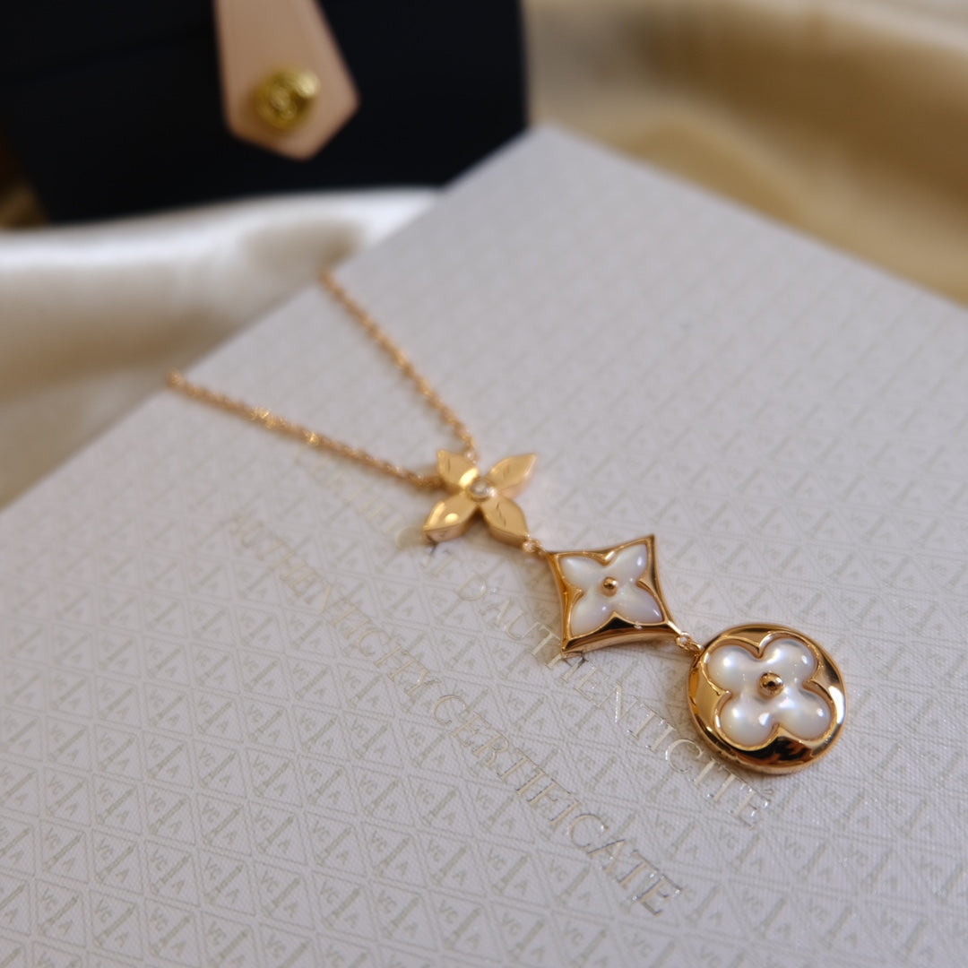 [RAFFINE]COLOR BLOSSOM LARIAT NECKLACE PINK GOLD WHITE MOTHER PEARL AND DIAMOND