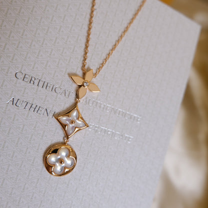 [RAFFINE]COLOR BLOSSOM LARIAT NECKLACE PINK GOLD WHITE MOTHER PEARL AND DIAMOND